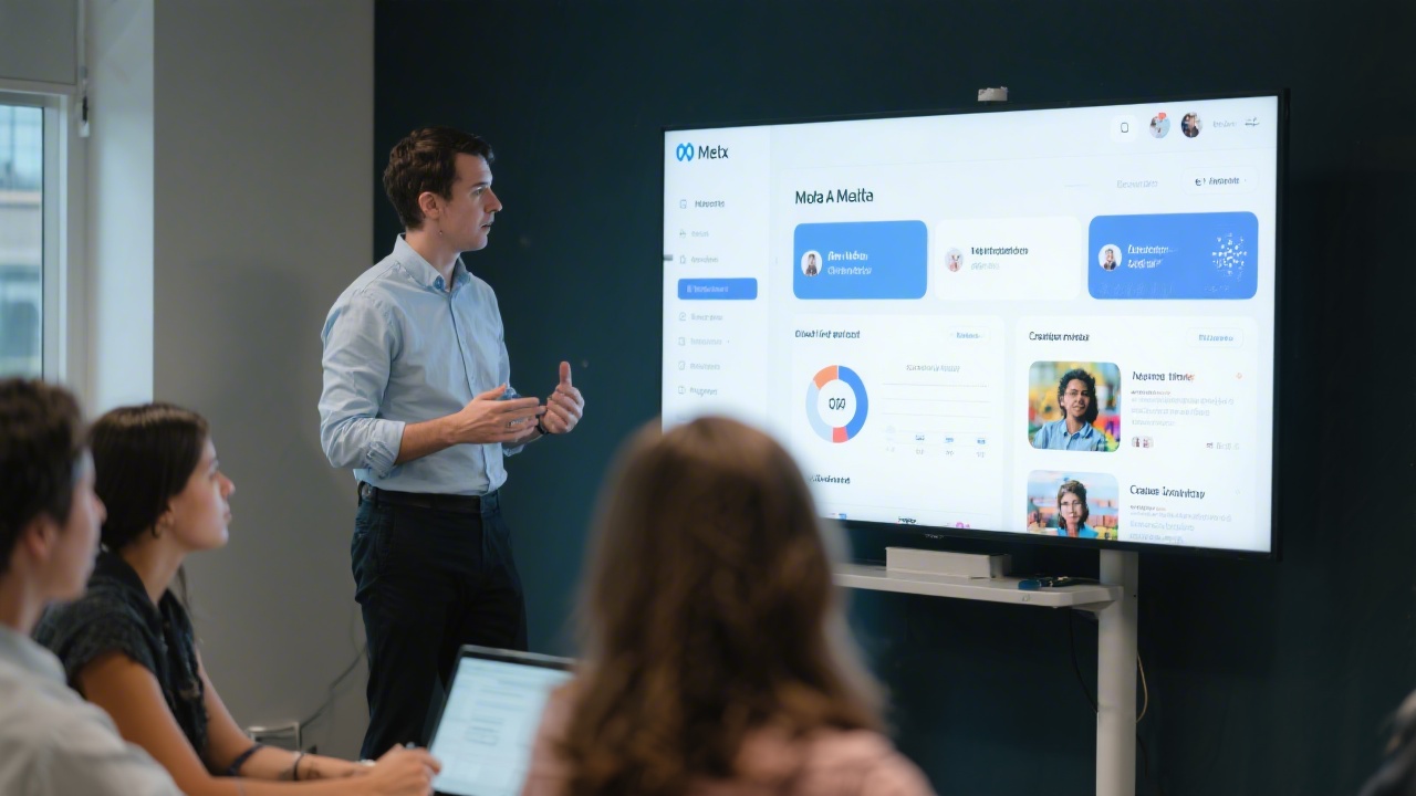Digital marketer assembling Meta Ads audience segments, creative previews, and budget settings with a trainer guiding the process in a small classroom.