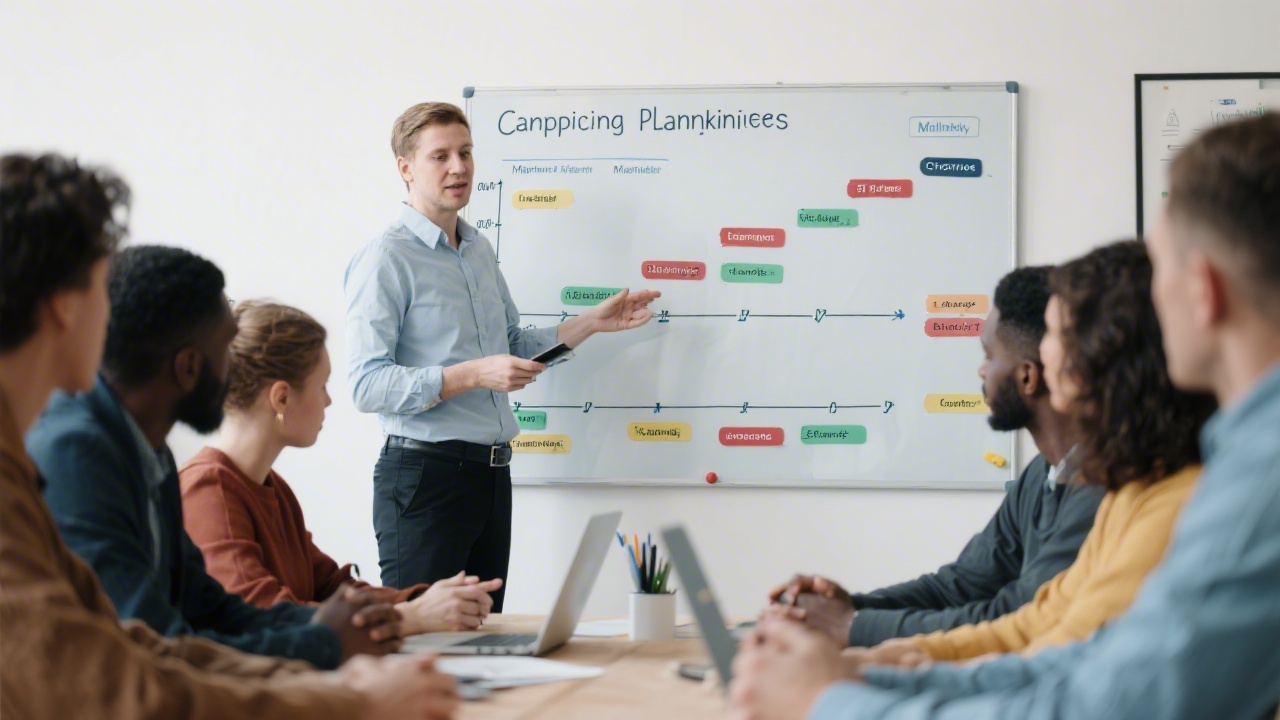 Marketing trainer explaining a campaign planning board with milestones, timelines, and channel actions to a group of SME learners.