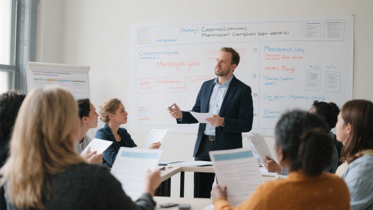 Instructor presenting a digital marketing roadmap on a whiteboard while participants take notes and build strategy documents on laptops in a modern classroom.