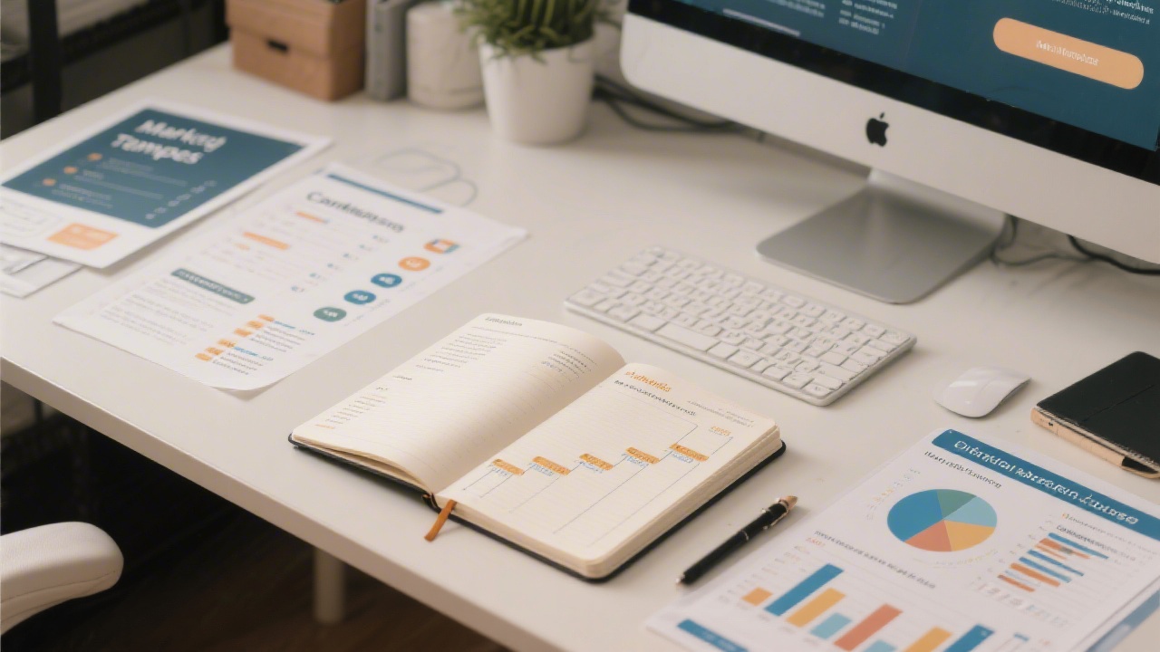 Desk setup with marketing templates, campaign checklists, analytics reports, and a notebook open to planning milestones for a digital marketing course.